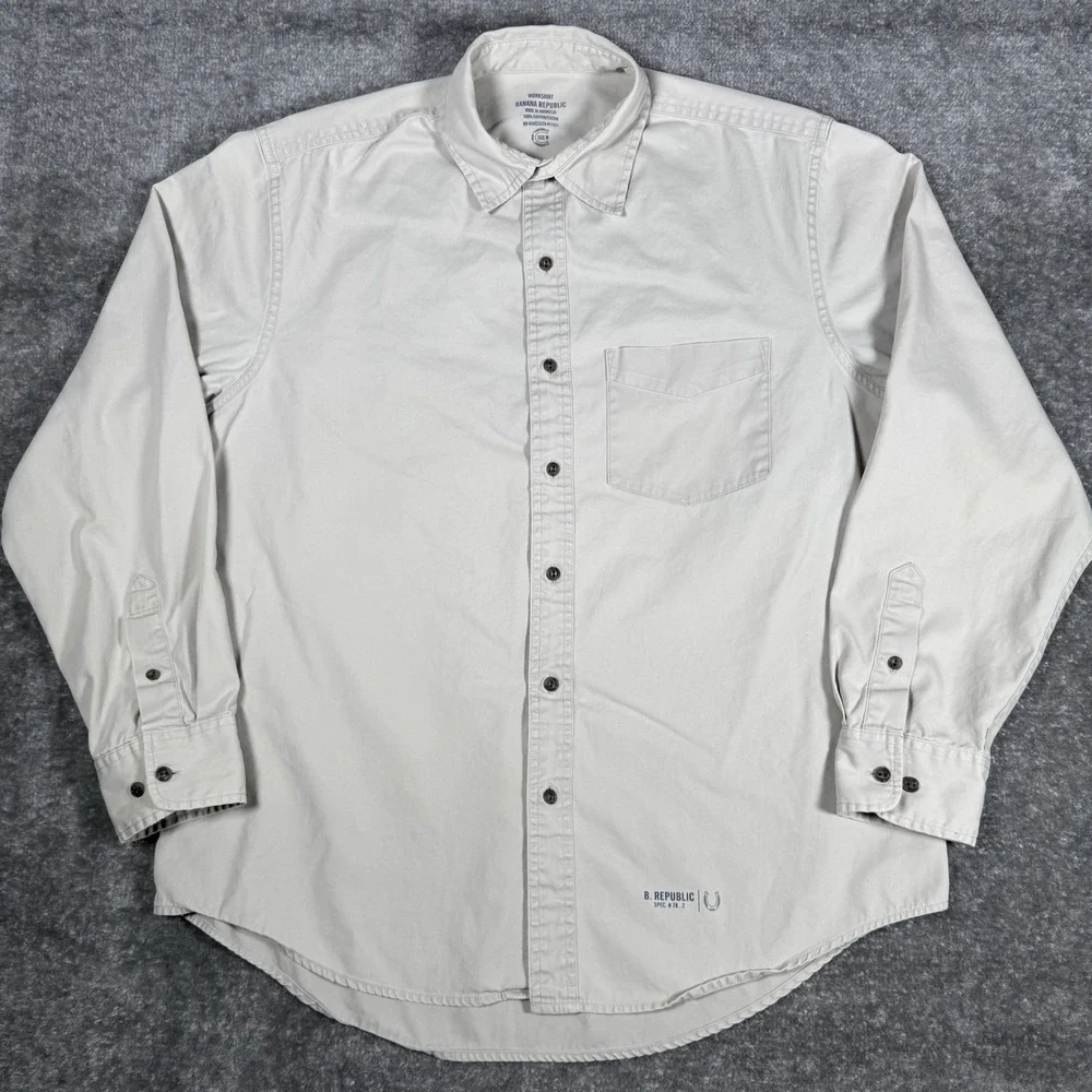 Y2K VTG Banana Republic Shirt Men's Medium Beige Long Sleeve Button Up Workshirt